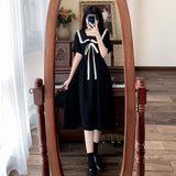 Large-Size Fat Mm Age-Ducated Girls College Style Doll Dress Summer Waist Thin Black Short Sleeve Long Skirt