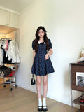 Sweet Babes Doll Collar Lattice Dress Women Summer College Style Design Princess Dress Bubble Sleeves Waist Skirt