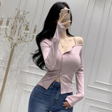 Twisting Pink Button Design Cardigan Body Thin Shoulder Slings Irregular Coat Long-Sleeved Women's T-Shirt Thread