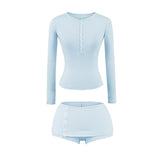 Pure-Style Sexy Hottie Set Spring Warehouse Round Collar Buckle Long-Sleeved T-Shirt Low-Waisted Hip Shorts Skirt Girl