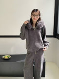 Autumn And Winter With A Set Of Women's Fur Collar Loose Collar Knitted Jersey Jacket High Waist Broad Leg Pants Two Sets