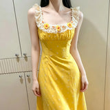 Summer Beautiful Yellow Dress Women French Country Idyllic Little Skirt Holiday Sweet Dress Sleeveless