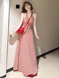 French Red Lattice Hanging Neck Sling Dress Woman 2025 Summer Seaside Holiday Wind To Show Lanky Skirt