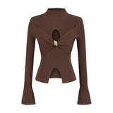 Twisted Long-Sleeved Knitted Shirt Girls Autumn New Pure Sexy Inside Hot Girls Tight Open Fork Coat Wear