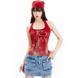 Women's Clothing Modern Retro-Rendering Letter-Print Hanging Neck Vest Female Bare Back Sexy Red Topess