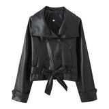 New Double-Dbutled Belt Short Leather Jacket Jacket In Autumn