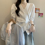 Irregular V-Neck Summer Large-Size Fat Mm Exclusive White Short-Sleeved Shirt Showing Thin Unique Waist Design Top