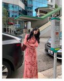 Hong Kong Style Retro Pink Broken Flower Net Yarn Print Dress + Inside The Sling Skirt Women's Spring And Autumn Two Sets