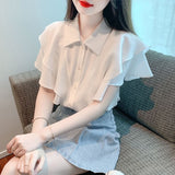 2025 New Ocean Temperament White Short-Sleeved Chiffon Shirt Women Summer Dress Side Tops Fashion Yang Women