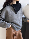 Design Sense Of Color Big Collared Knitted Shirt Women Autumn And Winter Temperament Irregular Zipper Sweater Tide