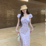Design Sense To Reduce The Age Of The Broken Flower Bubble Bubble Sleeve Dress Women's Summer 2025 New Waist Small Korean A-Shaped Long Dress