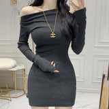 New Two-In-Two-Swear Oblique Shoulder Dress A Word-Word Bag Hip Skirt Short Skirt Tight-Nender Sleeve Bottom Dress Autumn Winter South Korea