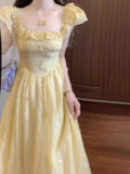 French Yellow Flying Sleeves Shredded Flower Dress Women's Summer 2025 New Waist Temperament Princess Holiday Dress