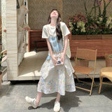 Blue Small Fresh Fake Two Short-Sleeved Shirt Dress Women 2026 Summer Cut-Down Flower Half Skirt Two Sets