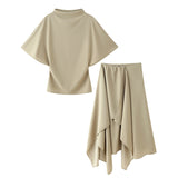 Short-Sleeved Vertical Half-High Collar Top 1165020 Mid-Rise High Asymmetric Pendant Skirt 1165021 Set
