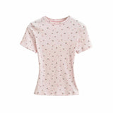 Kardashian Floral Round Neck Tight Short-Sleeved T-Shirt 2026 Summer New Slimming Waist Straight Shoulder Coat