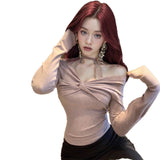 Pure Lust Lace Sexy Long-Sleeved Neck T-Shirt Girl Spring And Autumn Shoulder Temperament Tops Niche Bottom Shirt