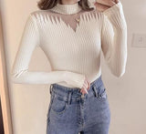 Spring And Autumn New Oceanic Knitted Knitted Jersey Casual Blouse Splicing High-Neck Knitted Bottom Sweater Women's Clothing