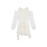 French White Long-Sleeved Dress Fairy Summer Fairy Harvest Waist Chiffon Skirt Lotus Leaf-Side Cake A-Word Skirt
