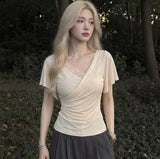 Pure Lust Lace Splicing Short-Sleeved T-Shirt For Girls Summer New Small Flying Sleeves To Repair The Body Of The Hot Girl