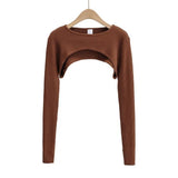 Sweet Spicy Wind Long Sleeves Super Short-Sized Hoodie Women's Spring And Autumn New Round Collar Solid Color T-Shirt Sleeves Outside The Hooded Tide