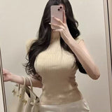 South Korea's New Summer Temperament Half-High Collar Body Tight Body Slim With Short-Sleeved Knit T-Shirt Top Women Ins
