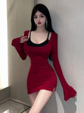 Night Club Sexy Beautiful Ass Long-Sleeved Dress Red U-Neck T-Shirt Dress Pure Desire Horn Sleeves Waist Tight Skirt