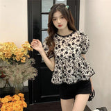 Vintage Broken Flower Tea Short-Sleeved Tops New Women 2026 Thin Behind The Doll Shirt Crumped Flower Top Woman