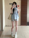 Sweet Babes Hanging Neck Sling Small Vest Women Wearing French High-End Feel Beautiful Shirt Blue Sleeveless Top