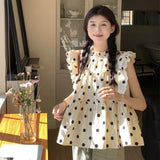 Large-Size Wave Dot Flying Sleeve Shirt With French Wooden Ear Loose Blouse Thin Collar French Elegance