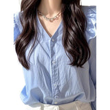 This Year's Popular Beautiful Shirt Light Luxury French Small Niche Beautiful Blue Long-Sleeved Shirt Women's Early Autumn Elegant
