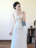 French White V-Neck Sleeveless Joint Dress Female Summer High-Grade Temperament Is Very Good Looking To The Waist Thin Thinch Waist Skirt