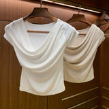Purely Want To Repair Slim Collar Short-Sleeved T-Shirt Women Folded Short-Sleeved Blouse Women Piled Up Collars Summer