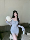 Pure Hottie Mesh Splicing Long-Sleeved Dress Women's Autumn And Winter Sexy Bareback Bow Dress With Hip Skirt