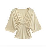 Bat Long-Sleeved Deep V-Neck T-Baender 2026 Summer New Hot Girl Windy Loose Waist Wrinkled Folding Top