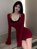 Night Club Sexy Beautiful Ass Long-Sleeved Dress Red U-Neck T-Shirt Dress Pure Desire Horn Sleeves Waist Tight Skirt