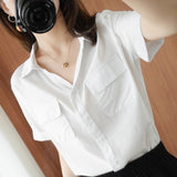 New Leisure Short-Sleeved Shirt Women's Loose Double Pocket Thin Bag Mid-Sleeve V-Neck Shirt Woman In The Summer Of 2025