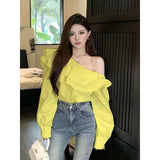 Lotus Leaf Side-Shoulder Shirt Women's Clothing 2025 Spring And Autumn New Long-Sleeved French Temperament Short Top Elegant