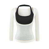 Korean Hottie Hanging Neck With Chest Pad Black Chest Vest Folded Low-Neck Long-Sleeved T-Shirt Two Sets Of Women