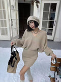 Sweater Suit Women's Autumn And Winter V Collar Languid Wind Relaxed Feeling Bat Sleeve Knitted Blouse Skirt Two-Piece