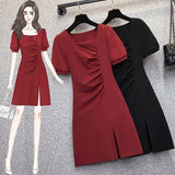 Oceanous Open Fork Short-Sleeved Dress Women 2025 Summer New Large-Size Design Feel Thin Belly A-Character Skirt