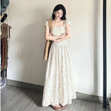 French Style Neck Rice White Girly Dress Women's New Thin Fairy Wave Wave Long Dress