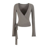 Ballet Style Bottom Hanging Neck Sling + Long Sleeve With Open Shirt + Lateral Waist Hanging Micro-Horn Pants Three-Piece Set Of Women