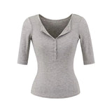 Spice Girls Design V-Neck Button Middle Sleeve T-Shirt Women Summer 2025 New Pure Desire To Repair Spice Girl Blouse
