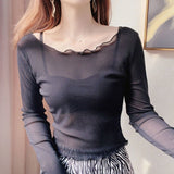 2025 New Wooden Ear-Side Short Mesh Jersey Women's Big Round Neck Thin Sling Skirt Lace Top