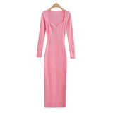 Pure Hot Babes Temperament Square Long Sleeve Knitted Dress Women Autumn Waists Thin Bottoms And Hips Long Skirt