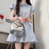 Korean Wearing Summer 2025 New Small Blue Striped Shirt Dress Femininity Waist Skirt