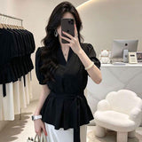French Irregular V-Neck Short-Sleeved Shirt Women Summer New Waist Thin High-End Feel Tied Shirt Women's Top