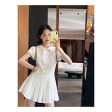 (With Lining) College Wind Shirt Dress Women Summer Waist Small Design Collar Bubble Sleeves Short