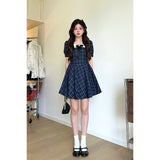 Sweet Babes Doll Collar Lattice Dress Women Summer College Style Design Princess Dress Bubble Sleeves Waist Skirt